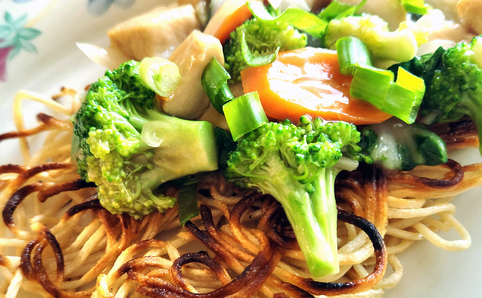 Broccoli and Veggie Chicken Stir Fry with Crispy Noodles